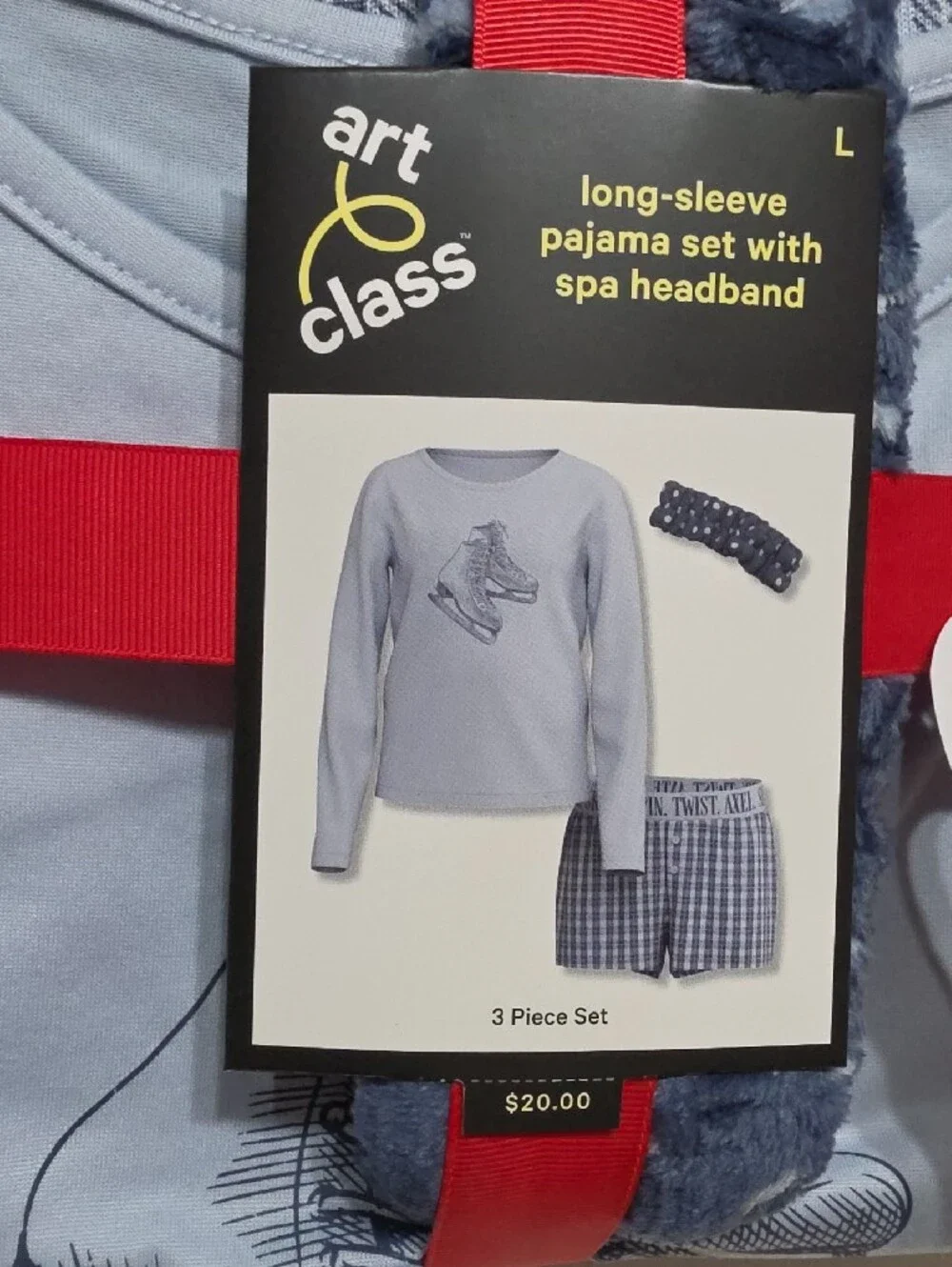 art class Light Blue Plaid Long-Sleeve Kids Pajama Set with Spa Headband